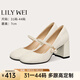 Lily Wei圓頭法式粗跟單鞋珍珠瑪麗珍小碼女鞋配旗袍高跟鞋情人節(jié)禮物 米色【跟高7cm】 37
