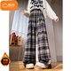 棉致加絨加厚高腰毛呢格子休閑直筒褲子女秋冬季小個(gè)子寬松顯瘦闊腿褲 A305藏青色【常規款加絨高品質(zhì)】 XL 120-135斤