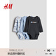 H&M童裝男嬰女?huà)脒B身衣3件裝秋季薄款嬰兒圓領(lǐng)印花長(cháng)袖哈衣1265824 藍色/火車(chē) 66cm 66/48 (4-6M)