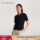 TOMMY HILFIGER【絞花針織】春夏女純棉優(yōu)雅通勤撞色門(mén)襟翻領(lǐng)合身短袖開(kāi)衫 黑色BDS XS （推薦：100斤以下）