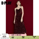 DPLAY2025秋季亮片紅色度假吊帶連衣裙敬酒服訂婚禮服裙晚禮服 復古紅 L
