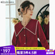 Olrain歐芮兒大翻領毛衣女春裝新款復古泡泡袖上衣 紅色 M