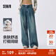 森馬（Semir）牛仔褲女純棉寬松闊腿褲顯瘦潮流秋季松弛感打褶長(cháng)褲腰帶復古 牛仔黃泥染80325 L