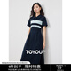 初語撞色條紋短袖polo裙女2024夏季新款復(fù)古減齡寬松連衣裙長裙 藏青色 M
