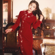 布伊特紅色旗袍2024新款敬酒服新娘刺繡中式結(jié)婚禮服訂婚裙秋冬季長袖 酒紅色 春山如黛 旗袍 M
