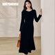 ROEYSHOUSE羅衣復古優(yōu)雅黑色絲絨圓領(lǐng)連衣裙女冬宴會(huì )收腰顯瘦魚(yú)尾長(cháng)裙13149 黑色 L