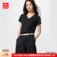 優(yōu)衣庫女裝竹節(jié)紗V領T恤/短袖棉白T上衣打底內搭483576 09 黑色 XL /165/92A