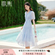 香影天藍色v領(lǐng)泡泡袖連衣裙女2025夏裝新款收腰絕美海邊碎花裙子 藍色 M 160/84A/95-110斤