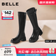百麗（Belle）復古時(shí)尚騎士靴女2025冬新商場(chǎng)同款真皮厚底高筒靴E6A1DDG5 黑色-單里 37