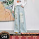 妖精的口袋淺色破洞刺繡闊腿牛仔褲女2025夏新款休閑高腰直筒褲子 牛仔淺藍色 S