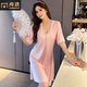 JIOESC冰絲睡衣女睡裙薄款絲稠短袖寬松性感蕾絲韓版中長(cháng)款家居服夏季QC 粉色 L 【90-115斤穿】