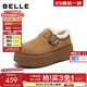 百麗（Belle）千層可頌質(zhì)感勃肯鞋女2025秋新款商場(chǎng)厚底增高休閑鞋E4S1DCM5預售 淺棕色-毛里 36