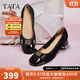 他她（TATA）女鞋2025年秋一腳蹬淺口單鞋新款真皮粗跟鞋子百搭平底鞋XTS01CQ5 黑色 36