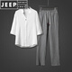 JEEP SPIRIT中國風(fēng)超薄五分袖冰絲亞麻套裝男夏季大碼寬松中袖T恤棉麻兩件套 褲子灰+上衣白(TZ201) 4XL 號【建議體重185-200斤】