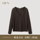 OVV【可機(jī)洗黃金羊毛】2023秋冬新款女裝簡約深V領(lǐng)長袖針織衫 深咖（凈色）A6 M