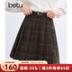 百圖betu女裝冬季新款半身裙高腰毛呢格紋A字百褶裙裙子女2411T68 咖格 L