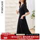 尚都比拉復(fù)古優(yōu)雅女神范V領(lǐng)泡泡袖腰帶收腰顯瘦連衣裙中長款夏季新款 黑色 S