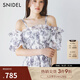 SNIDEL2025春夏新品露肩泡泡袖荷葉邊收腰印花連衣裙SWFO252063 深藍 M (1)