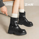 ZHR厚底短靴女加絨增高騎士靴復古西部褲管靴堆堆馬丁靴JF350A黑色37