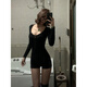 LEOEZYA連體短褲美式黑色緊身長(cháng)袖連體連身短褲女士外穿春季新款辣妹一件 黑色連體褲 S