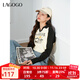 LAGOGO【出游系列】插肩袖顯瘦上衣女拉谷谷春秋新款翻領(lǐng)印花T恤 米黑(TW) L