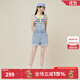 拉拉波波設(shè)計感純棉可調(diào)節(jié)背帶牛仔短褲女高腰顯瘦潮毛邊熱褲LBCB-WLZT12 中藍白 28