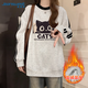 真維斯（Jeanswest）灰色條杠衛衣女2025新款秋冬款貓咪印花慵懶風(fēng)小個(gè)子寬松圓領(lǐng)上衣