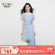 熙世界（sllsky）藍色格紋掐腰連衣裙夏短袖花邊圓領(lǐng)獨特漂亮收腰氣質(zhì)長(cháng)裙 淺藍格 M