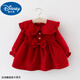 迪士尼寶寶女童加絨連衣裙洋氣娃娃領(lǐng)韓版2024女寶寶秋裝嬰兒公主裙6-12個(gè)月 紅色 翻領(lǐng)蝴蝶結連衣裙(常規) 90 尺碼偏小