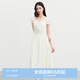 樂町泡泡袖仙女裙夏新款可調(diào)節(jié)抽皺系帶方領(lǐng)長裙顯瘦短袖裙 奶油米（現(xiàn)貨） S