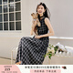 香影黑色格子無袖連衣裙女2025秋季新款復(fù)古法式中長款收腰a字裙 黑色 S 55/80A/85-95斤