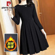 皮爾卡丹加絨/不加絨2025秋冬新款連衣裙女收腰顯瘦時(shí)尚氣質(zhì)減齡遮肚裙 黑色加絨加厚長(cháng)袖 M 建議85-100斤