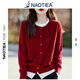 NAOTIEA意大利小帆船紅色針織開(kāi)衫女2025春秋新款圓領(lǐng)毛衣T恤上衣外套 酒紅色【圓領(lǐng)】 XL （建議125-140斤）