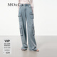 MO&Co.牛仔褲夏工裝風(fēng)口袋低腰輕柔真絲棉混紡前短后長(cháng)精裁摩安珂 牛仔藍色 S 26