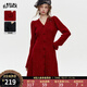 妖精的口袋v領(lǐng)修身紅色針織連衣裙女2024冬新款亮閃收腰氣質(zhì)裙子 經(jīng)典紅色 M