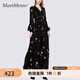 MeetMetro瑪依爾V領(lǐng)印花連衣裙女2025秋新款燈籠袖浪漫長(cháng)款仙女裙 黑色【現貨閃電發(fā)】 XL