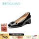 蹀愫（TIGRISSO）【有錢(qián)鉆】氣質(zhì)水鉆粗跟通勤百搭宴會(huì )淺口單鞋女TA62523-11 黑色牛漆皮革 36