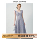 VEGA CHANG法式連衣裙女2025新款夏季碎花收腰褶皺荷葉邊袖背心裙 碎花 M