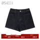 BSIEE2025年夏季新款高腰百搭彈力線(xiàn)條闊腿牛仔短褲 藏青色 S
