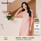 珂萊蒂爾[瑰麗小蠻腰]通勤圓領(lǐng)法式優(yōu)雅蕾絲連衣裙 淡紅 M