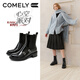 COMELY布洛克切爾西靴女25冬新款復古英倫風(fēng)粗跟雕花圓頭煙筒靴短靴 甜酷黑（布里） 36