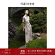 納薇（naivee）新中式旗袍裙斜襟印花改良旗袍短袖修身連衣裙女裝裙子萊賽爾亞麻 米色 L