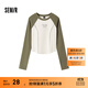 森馬（Semir）長(cháng)袖T恤女短款緊身撞色插肩袖明線(xiàn)顯瘦冬季印花圓領(lǐng)上衣復古 白綠色調00314 M