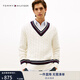 TOMMY HILFIGER25秋冬新款男裝羊毛混紡美式學(xué)院風(fēng)撞色V領(lǐng)絞花針織衫毛衣 白色YBI L （推薦：150-165斤）