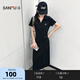 三福連衣裙2025夏季時(shí)尚刺繡褶皺收腰A擺翻領(lǐng)裙子女裝499630 黑色 L