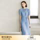 顏域新中式女裝連衣裙2024新款夏裝優(yōu)雅氣質(zhì)百褶裙短袖中長(cháng)款裙子 藍色 L/40