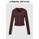 UR冬季新款女裝潮流連帽鉚釘插袋短款針織開(kāi)衫UYV950096 朱砂紅 S