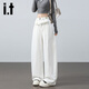 izzueit花邊拼接白色牛仔褲女秋季高腰顯瘦闊腿褲子女彎刀褲拖地闊腿褲