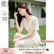 香影（xiangying）v領(lǐng)蕾絲連衣裙女2025夏季新款重工米白色高級感法式鏤空裙子 米色 M