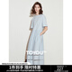 初語(yǔ)拼接設計感連衣裙女2025年春季新款鏤空花邊短袖中長(cháng)款T恤裙 淡藍色 M